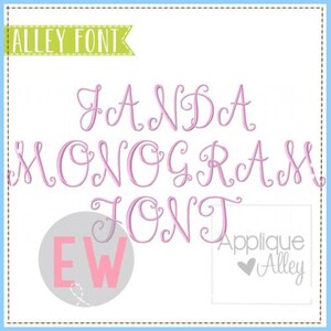 May include: A pink cursive font called "Fanda Monogram Font" with a swirl design. The font is displayed in a white square with a green banner at the top that says "Alley Font".