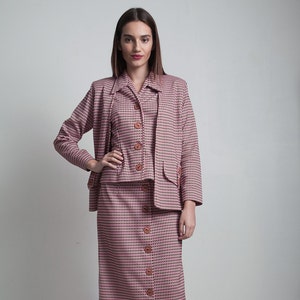 3-piece midi button down skirt suit cardigan jacket top set pink brown textured knit MEDIUM M image 1