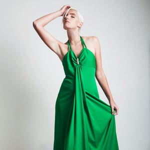 vintage 70s green hostess halter maxi dress empire rhinestone SMALL S image 1