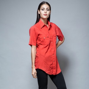 western short sleeves red cowboy shirt cotton pearl snaps vintage 70s M medium image 1