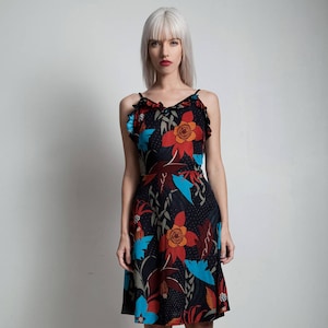 vintage 70s floral dress black red ruffle spaghetti strap SMALL S image 1