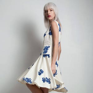vintage 60s drop waist swing dress cream blue floral scoop back sleeveless MEDIUM M image 1