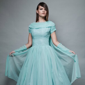 50s party dress matching gloves cupcake seafoam sea foam green micro plated full skirt waterfall M MEDIUM