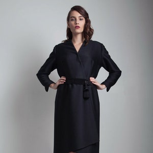Oscar de la Renta vintage 70s black party coat wrap dress beaded tassel suede belt L XL large extra large image 3