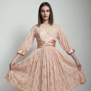 vintage 50s party dress blush pink lace full skirt cummerbund MEDIUM M image 2