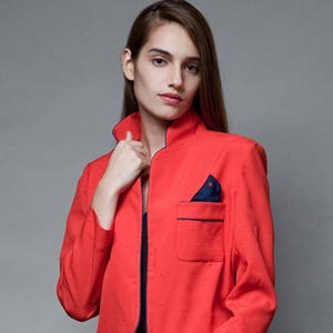 vintage 80s red blazer jacket polka dot pocket square navy open front M L MEDIUM LARGE image 1