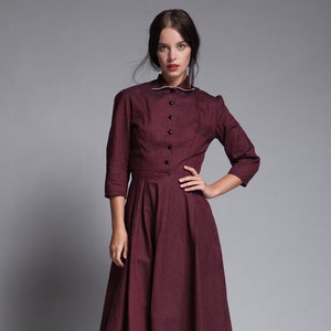 shirtwaist dress midi burgundy red pleated skirt 3/4 sleeves vintage 40s 50s SMALL S
