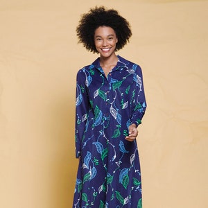 shirt dress leaf print long sleeves navy blue green vintage 70s MEDIUM LARGE M L image 1