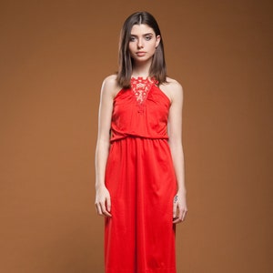 red halter dress cutout gathered lace neckline below the knee boho vintage 70s SMALL S image 1