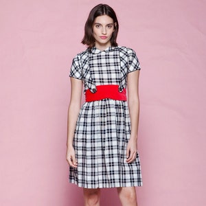 May include: A short-sleeved plaid dress in black and white, cinched at the waist with a wide red belt. The dress features a Peter Pan collar and is paired with red heels. The background is a solid pink.