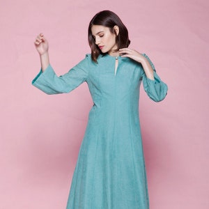 ultrasuede dress aqua blue green flare sleeves keyhole vintage 70s MEDIUM M