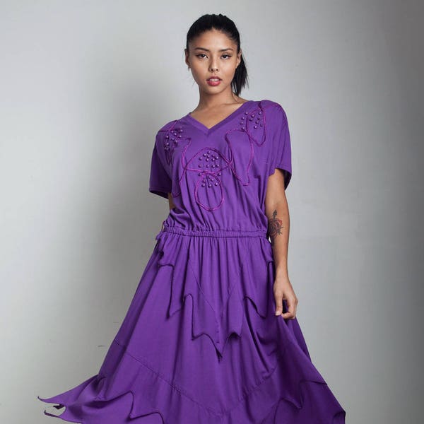 vintage 80s deconstructed dress beaded soutache purple handkerchief hem ONE SIZE S M L small medium large