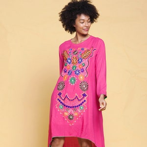 boho cotton festival dress hi-lo bright pink ethnic embroidery floral long sleeves vintage 70s MEDIUM M image 2