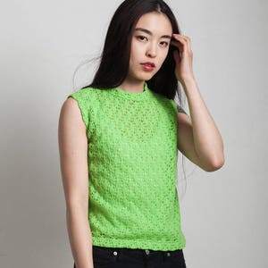 sleeveless knit sweater top eyelet lime green pullover high neck vintage 60s ONE SIZE S M L small medium large image 1