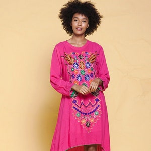 boho cotton festival dress hi-lo bright pink ethnic embroidery floral long sleeves vintage 70s MEDIUM M image 1