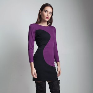 vintage 80s bodycon dress long sleeves color block fitted purple black knit dress SMALL S