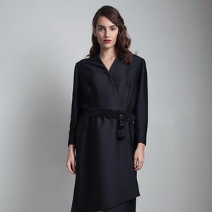 Oscar de la Renta vintage 70s black party coat wrap dress beaded tassel suede belt L XL large extra large image 2