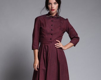 shirtwaist dress midi burgundy red pleated skirt 3/4 sleeves vintage 40s 50s SMALL S