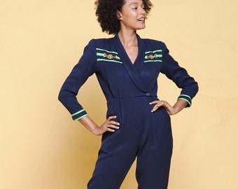 jumpsuit pantsuit petites nautical navy blue green stripes gold emblem vintage 80s SMALL S