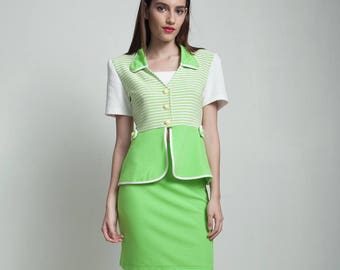 vintage 80s peplum top mini skirt matching set lime green stripes SMALL S