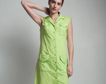 lime green sleeveless shirt dress vintage 70s 4 pockets buttons down front MEDIUM M