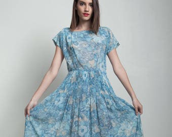 vintage 50s day dress blue watercolor floral print micro pleated LARGE L