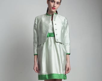 vintage 50s mini silk dress jacket set light green party cocktail bow sleeveless SMALL S