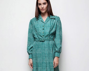 shirtwaist dress green houndstooth plaid polyester pleated vintage 70s LARGE L long sleeves