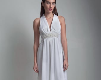 Vintage 70s White Halter Mini Dress Beaded Plunging V Neckline Party Cocktail MEDIUM M - Etsy Vintage 70s White Halter Mini Dress Beaded Plunging V Neckline Party Cocktail MEDIUM M - Etsy