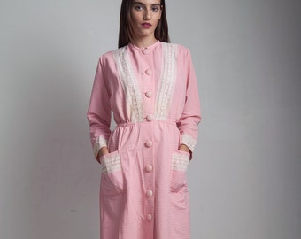 70s pocket shirt dress large buttons lace trim pink white long sleeves MEDIUM LARGE M L