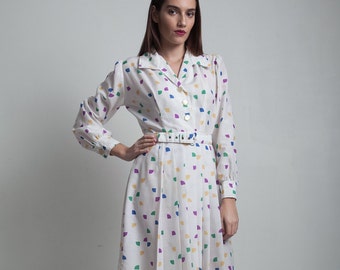 vintage 70s shirtwaist pleated dress white cotton colorful confetti print long sleeves belted LARGE L