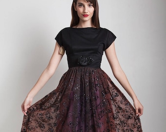 deadstock unworn vintage 50s 1950s party dress black brown rosette glitter flocked floral pleated full skirt SMALL S