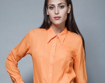 vintage 70s pointy collar blouse solid orange shirt long sleeves semi sheer M L MEDIUM LARGE