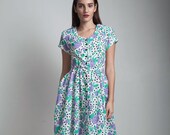 shirtwaist dress vintage purple floral pleated polka dot day dress 50s style 70s SMALL S