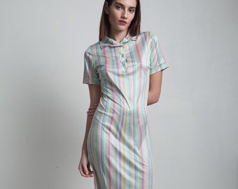 vintage 70s polo shirt dress shiny slinky pastel stripes short sleeves knee length EXTRA Small XS Small S