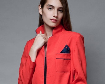 vintage 80s red blazer jacket polka dot pocket square navy open front M L MEDIUM LARGE