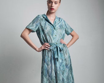 green printed shirt dress 70s vintage mandarin collar short sleeve belted belt tie abstract print LARGE L