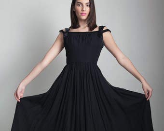 50s black party dress flowy vintage tea length pleated full skirt off the shoulder SMALL S