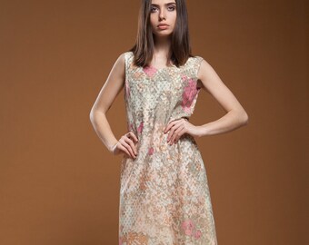 maxi dress pink watercolor floral gold metallic polka dot sleeveless vintage 70s MEDIUM M