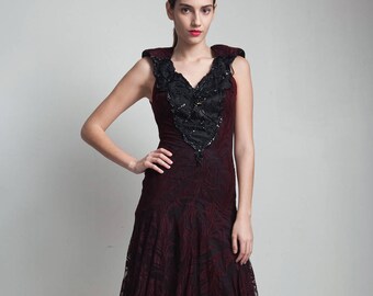 vintage 80s cocktail party dress lace cutout open back burgundy red on black beaded sequins SMALL S
