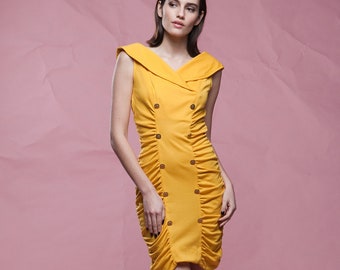 or de ruché robe jaune sans manches sailor col double boutonnage boutons vintage des années 80 S moyen petit M