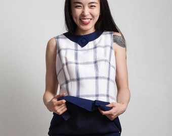 scooter mini skirt utility dress navy blue white plaid vintage 60s mod MEDIUM M