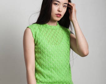 sleeveless knit sweater top eyelet lime green pullover high neck vintage 60s ONE SIZE S M L small medium large