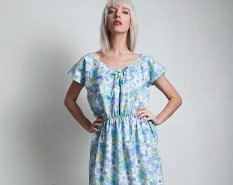 vintage 70s summer dress blue floral cotton pleated hem elastic waist LARGE EXTRA Large L XL
