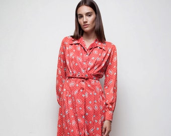 shirt waist dress belted red paisley midi modest librarian shirtdress long sleeves vintage 70s LARGE L long sleeves knee length