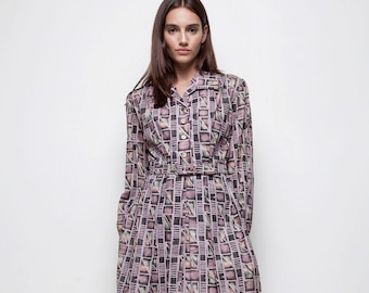 shirt dress modest vintage purple geometric printed pleated shirtwaist LARGE L long sleeve