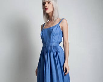 vintage 60s Nina Ricci Mademoiselle Ricci dress blue gathered accordion pleated waist scoop back sash SMALL MEDIUM S M