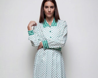 shirtwaist dress green polka dot striped pleated belted long sleeves vintage 70s LARGE L