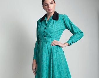 70s vintage green shirtwaist dress pleated geometric print long puff sleeve LARGE L