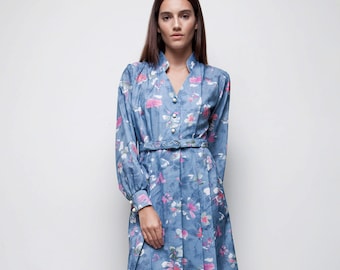 shirtwaist dress belted V-neck vintage blue floral midi 70s shirtdress LARGE L long sleeves